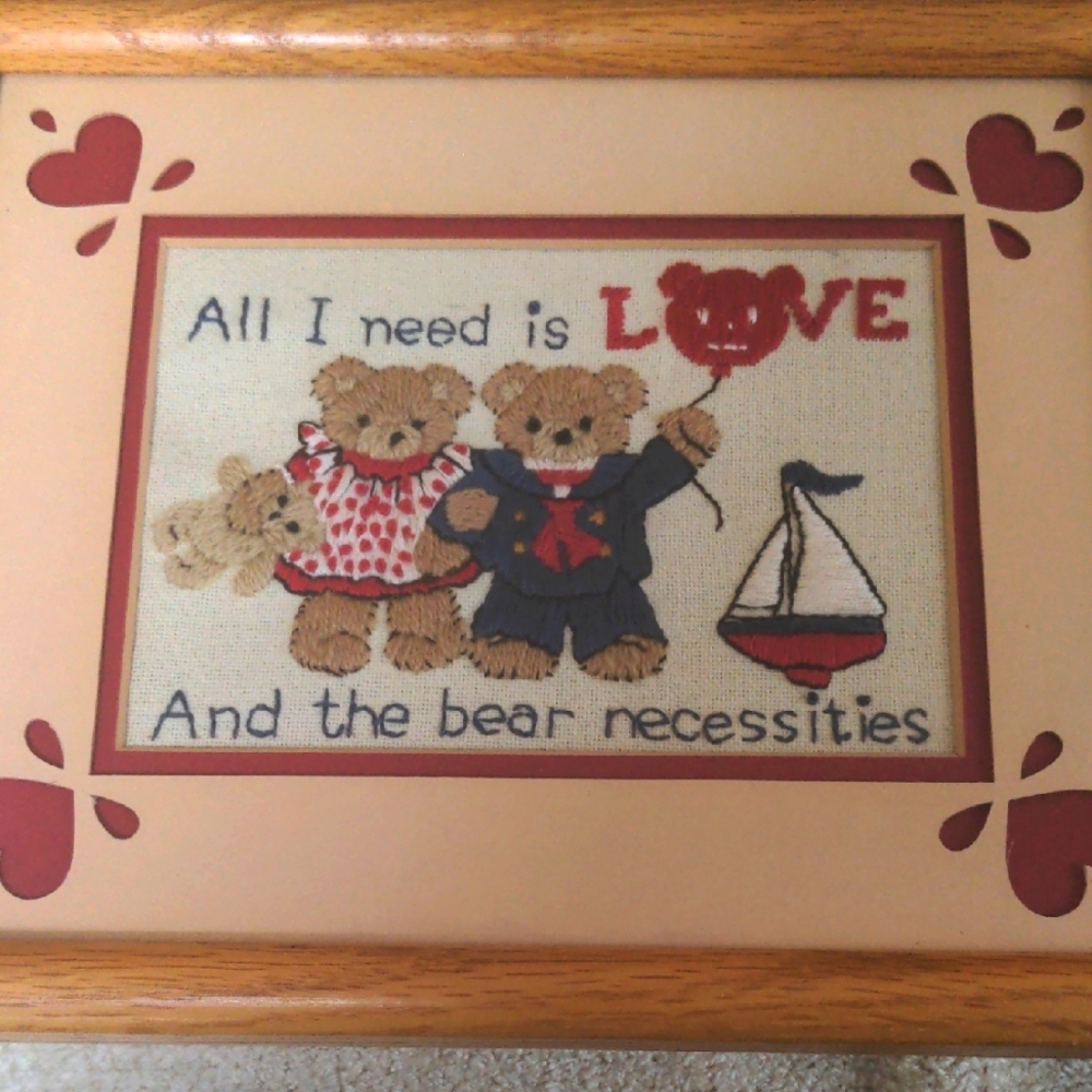 Crewel Work Nursery, Child's Room Picture, Framed, Matted, Teddy Bears  9" X 11"